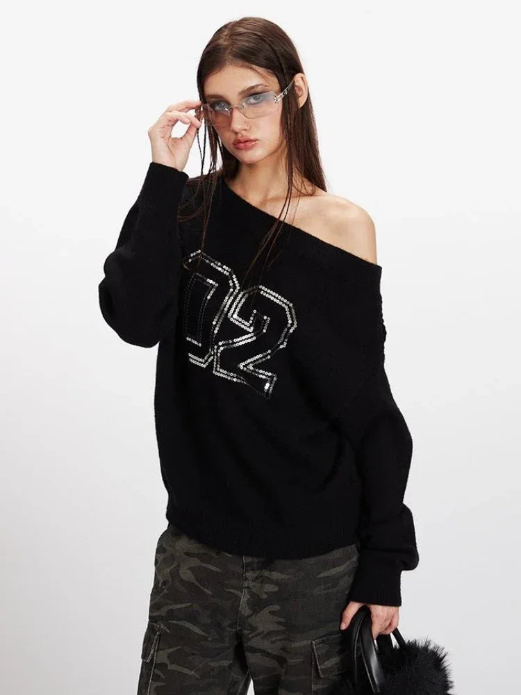 Vintage Black Sequin '02' Off-Shoulder Sweater - WEUXS