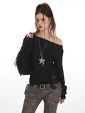 Vintage Black Textured Off-Shoulder Slouchy Top - WEUXS