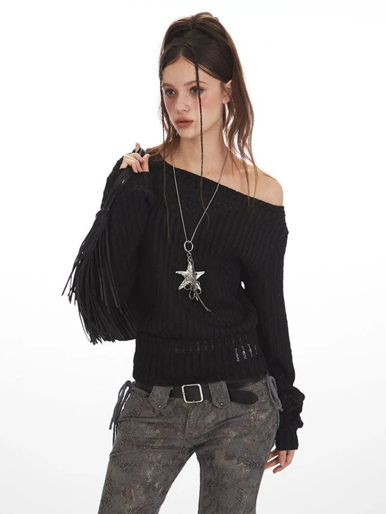 Vintage Black Textured Off-Shoulder Slouchy Top - WEUXS