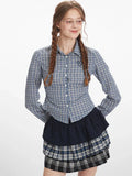 Vintage Blue Plaid Ruched Shirt - WEUXS