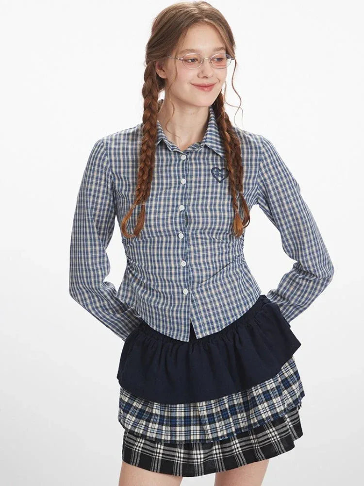 Vintage Blue Plaid Ruched Shirt - WEUXS