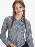 Vintage Blue Plaid Ruched Shirt - WEUXS