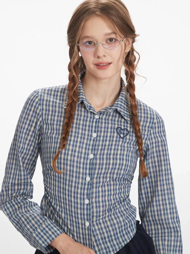 Vintage Blue Plaid Ruched Shirt - WEUXS