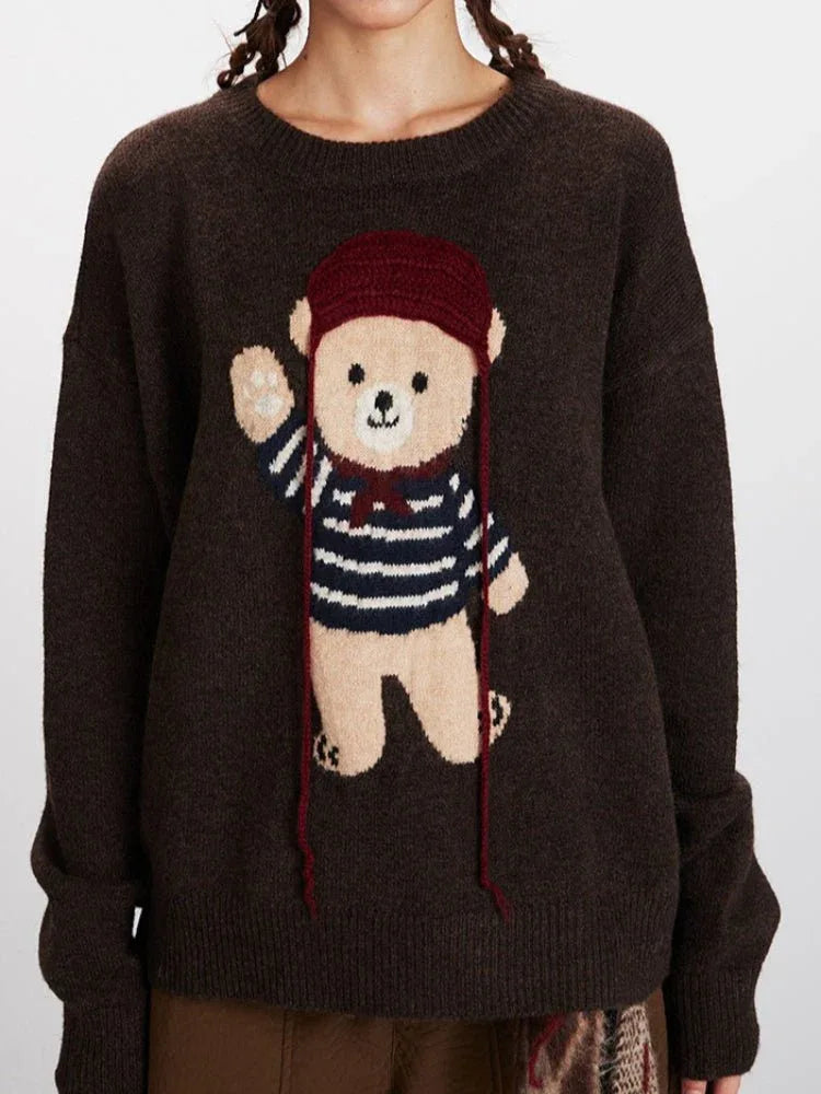 Vintage Brown Bear Graphic Knit Sweater - View 6 | WEUXS