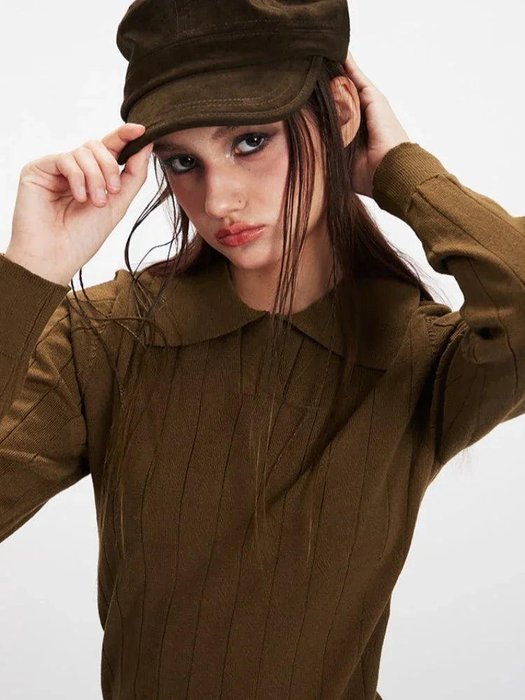 Vintage Brown Ribbed Knit Polo Sweater - WEUXS