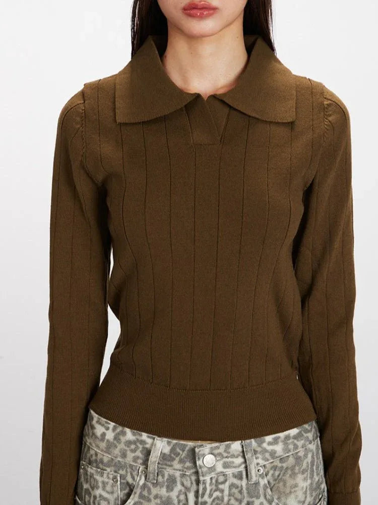 Vintage Brown Ribbed Knit Polo Sweater - WEUXS