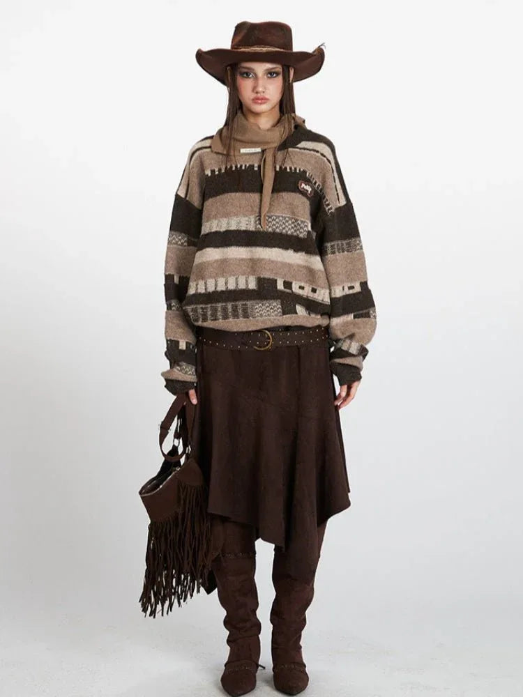 Vintage Brown Striped Distressed Knit Sweater - WEUXS