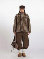 Vintage Brown Striped Sherpa Padded Jacket - WEUXS