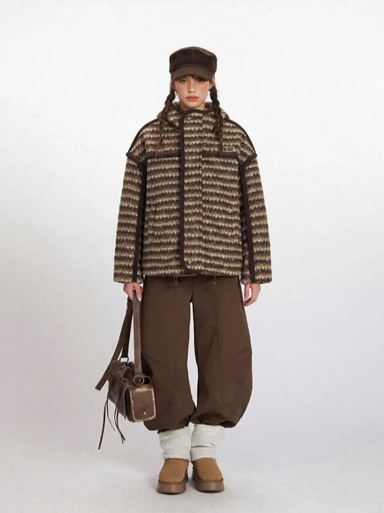 Vintage Brown Striped Sherpa Padded Jacket - WEUXS