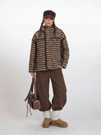 Vintage Brown Striped Sherpa Padded Jacket - WEUXS