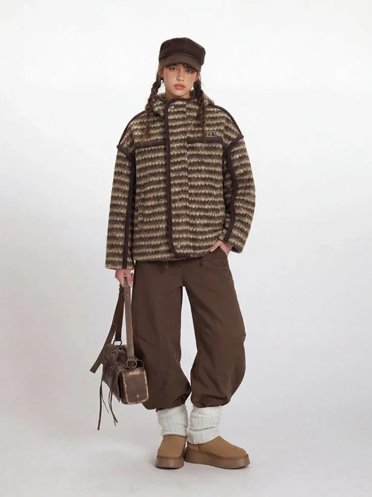 Vintage Brown Striped Sherpa Padded Jacket - WEUXS