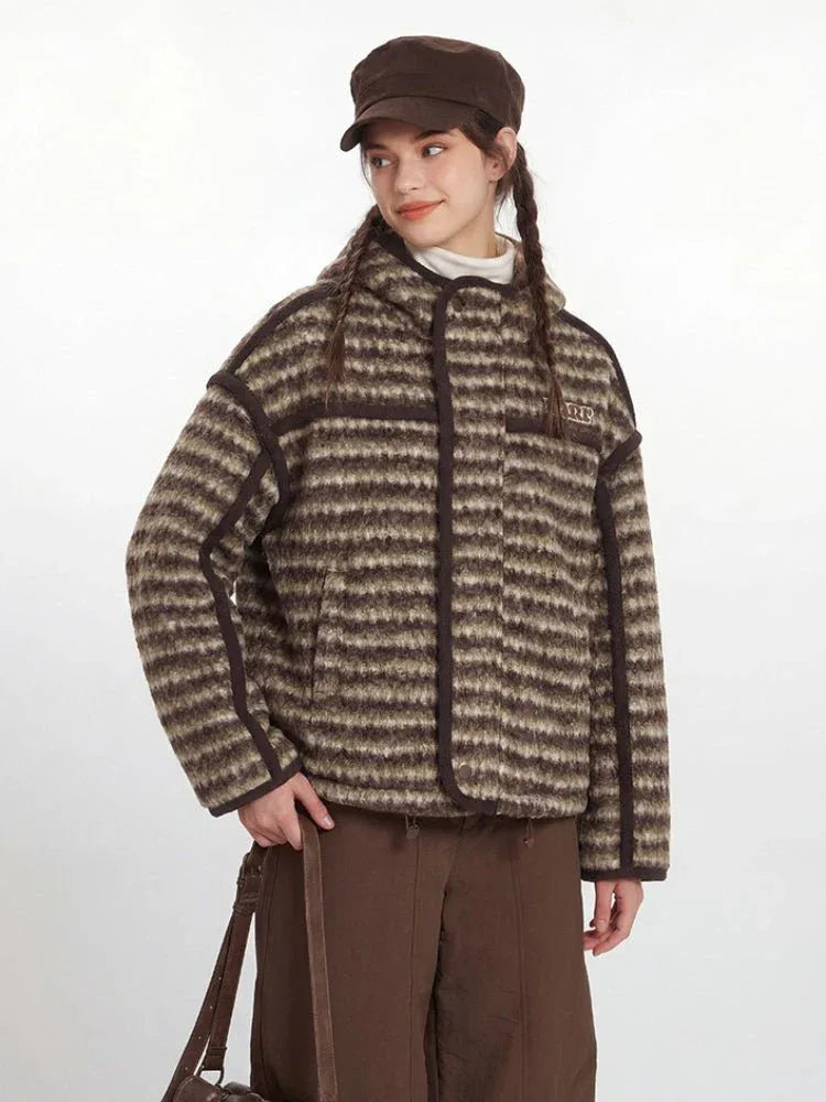 Vintage Brown Striped Sherpa Padded Jacket - WEUXS