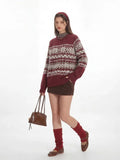 Vintage Burgundy Fair Isle Knit Sweater - WEUXS