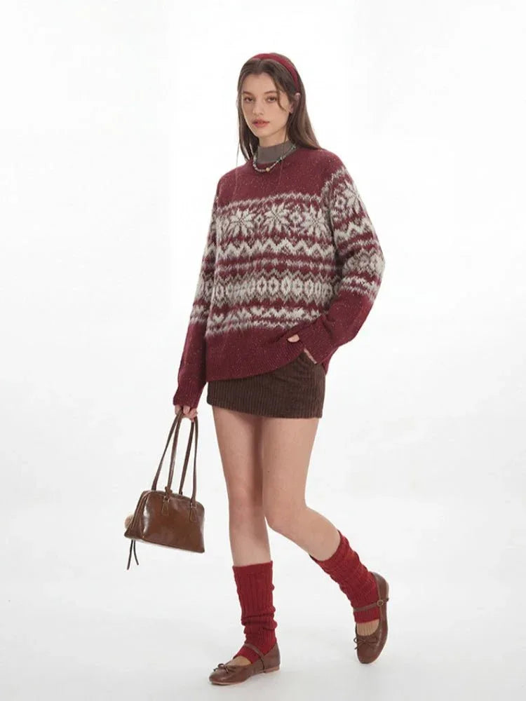 Vintage Burgundy Fair Isle Knit Sweater - WEUXS
