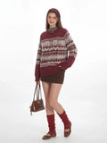 Vintage Burgundy Fair Isle Knit Sweater - WEUXS
