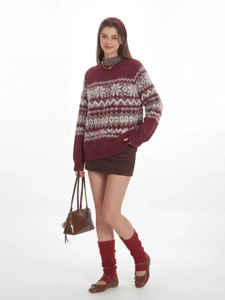Vintage Burgundy Fair Isle Knit Sweater - WEUXS