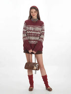 Vintage Burgundy Fair Isle Knit Sweater - WEUXS