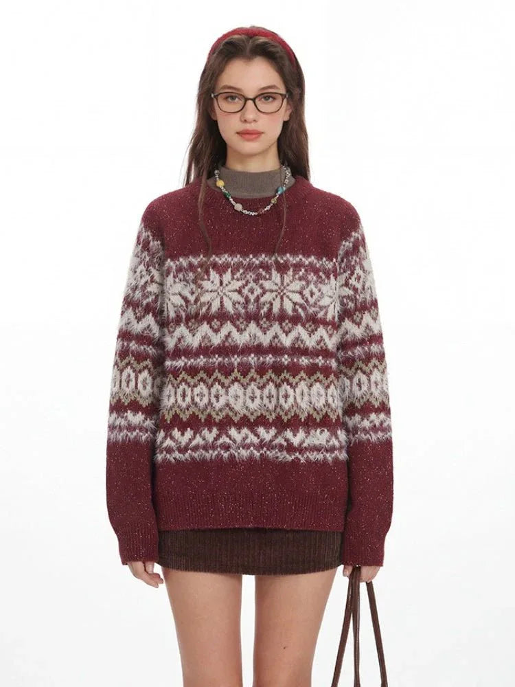 Vintage Burgundy Fair Isle Knit Sweater - WEUXS