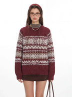 Vintage Burgundy Fair Isle Knit Sweater - WEUXS
