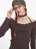 Burgundy striped off-shoulder top with halter tie - View 6 | WEUXS