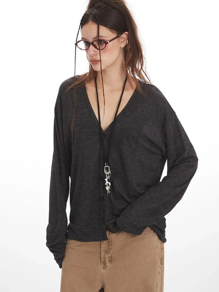 Vintage Charcoal Slouchy V-Neck Cardigan - WEUXS