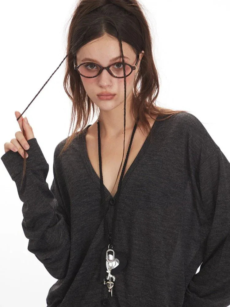 Vintage Charcoal Slouchy V-Neck Cardigan - WEUXS