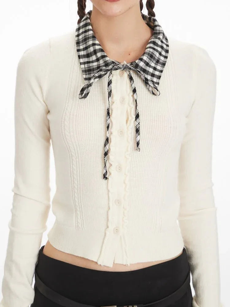 Cream cable knit cardigan with plaid collar - View 6 | WEUXS