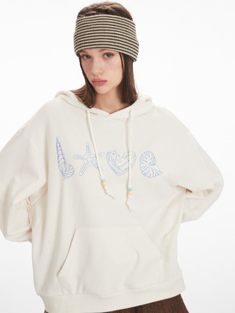 Vintage Cream Sea Shell 'LOVE' Graphic Hoodie - WEUXS