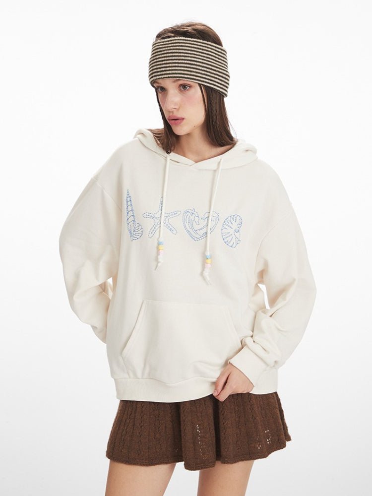 Vintage Cream Sea Shell 'LOVE' Graphic Hoodie - WEUXS