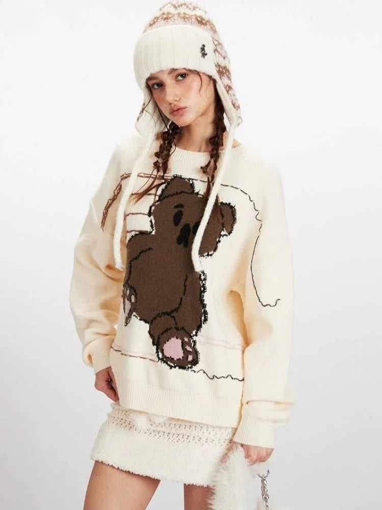 Vintage Cream Sketchy Bear Knit Sweater - WEUXS