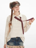 Vintage Cream Striped Rhinestone Polo Shirt - WEUXS