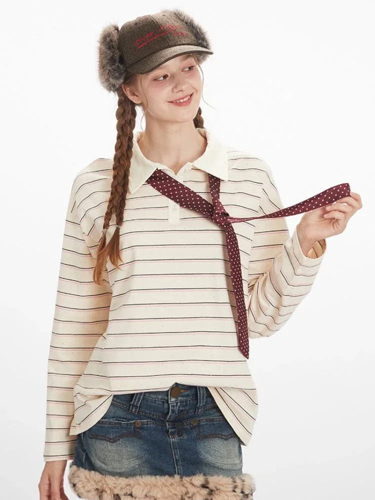 Vintage Cream Striped Rhinestone Polo Shirt - WEUXS