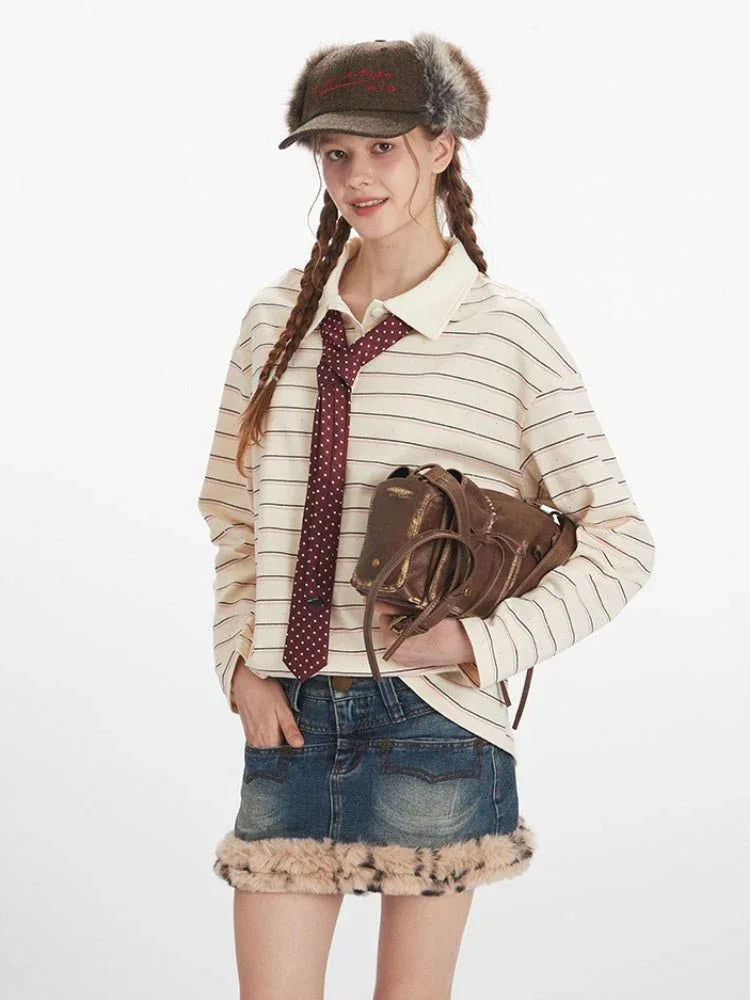 Vintage Cream Striped Rhinestone Polo Shirt - WEUXS