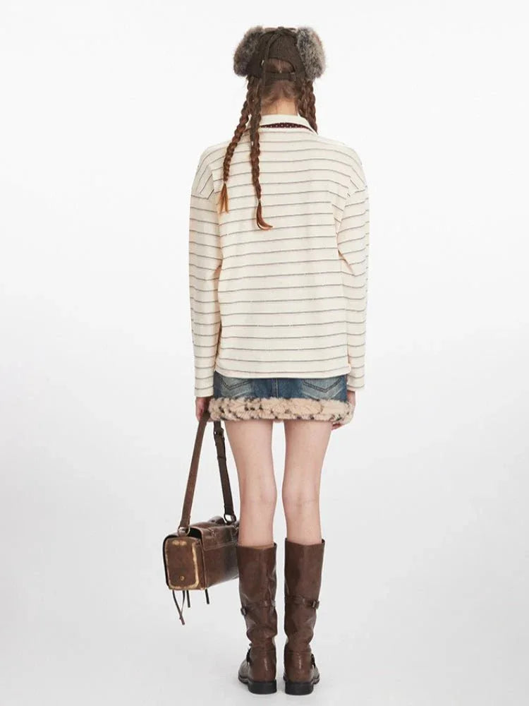 Vintage Cream Striped Rhinestone Polo Shirt - WEUXS