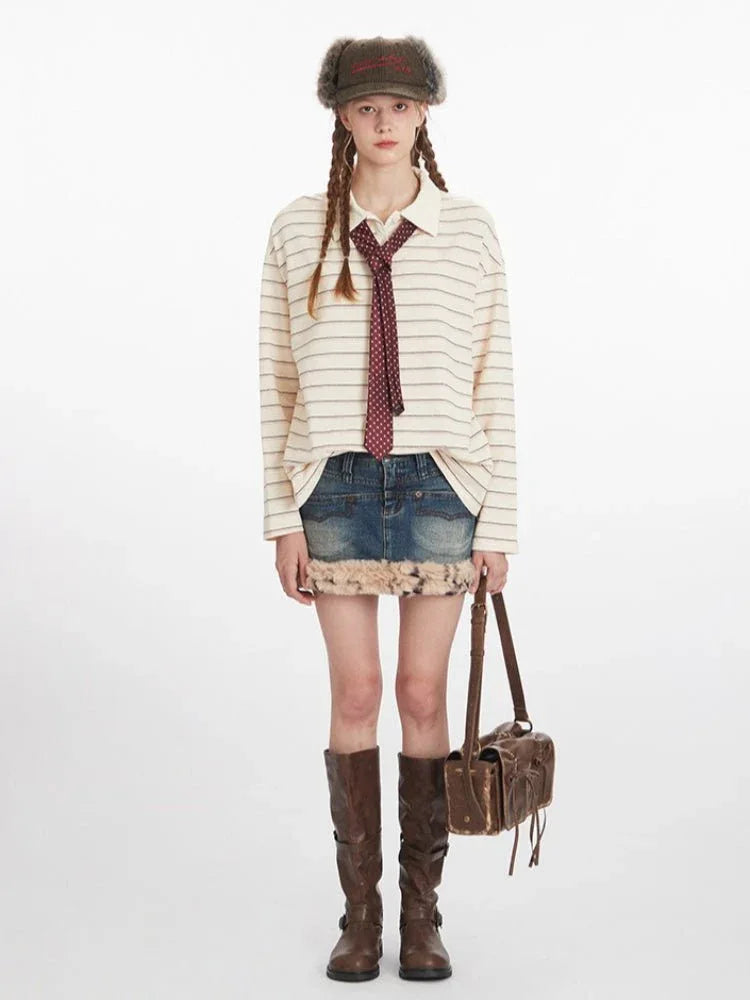Vintage Cream Striped Rhinestone Polo Shirt - WEUXS