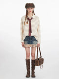 Vintage Cream Striped Rhinestone Polo Shirt - WEUXS