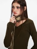 Vintage Dark Olive V-Neck Raglan Crop Top - WEUXS