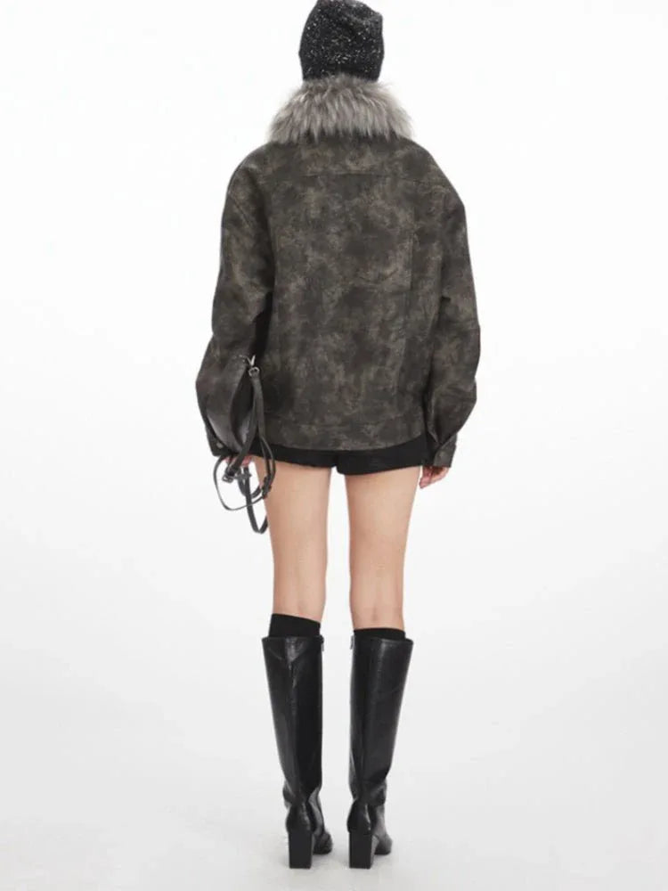 Distressed Faux Suede Biker Jacket with Fur Collar Secondary image