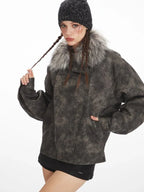 Vintage Distressed Faux Suede Biker Jacket - WEUXS