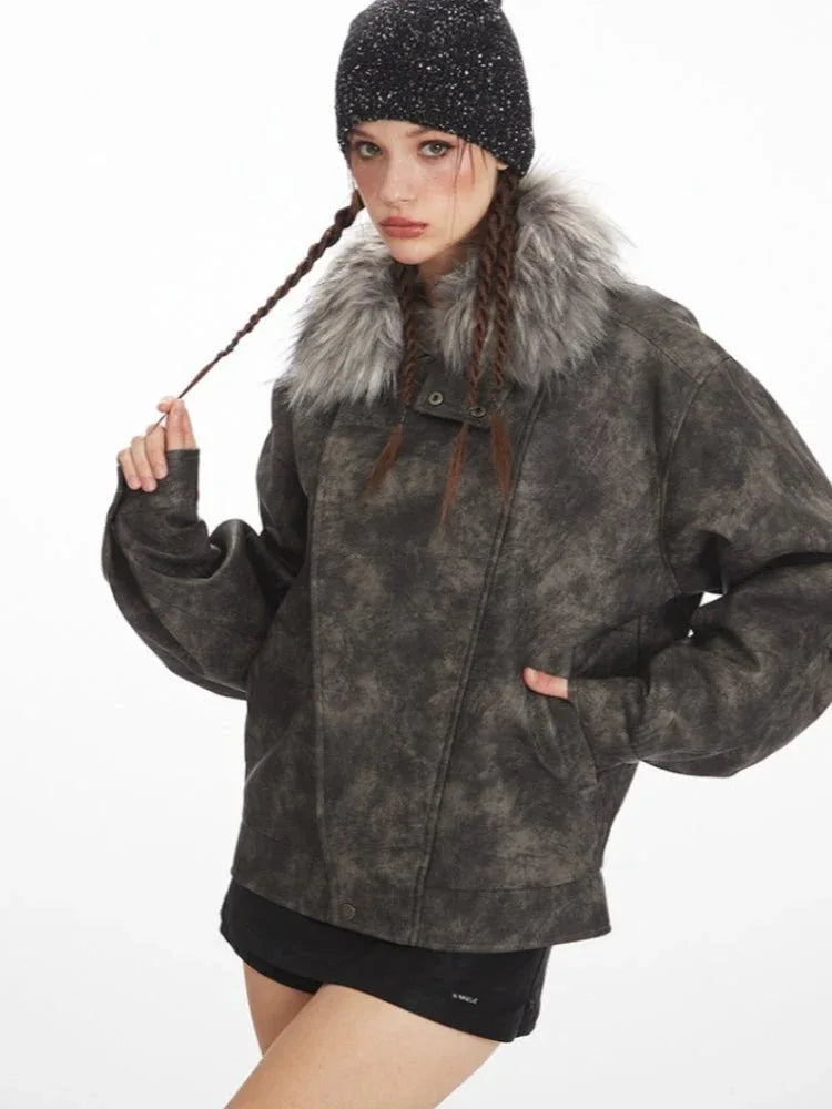 Vintage Distressed Faux Suede Biker Jacket - WEUXS