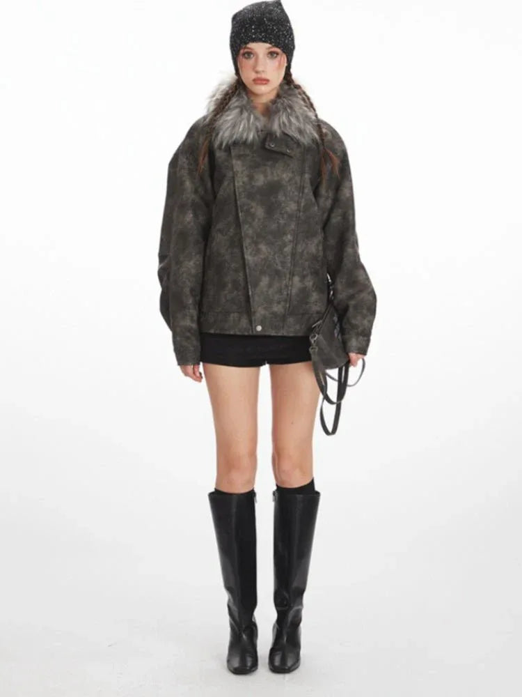 Vintage Distressed Faux Suede Biker Jacket - WEUXS Main image