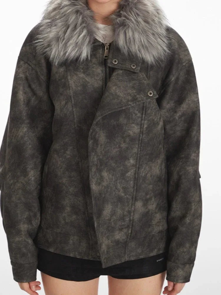 Vintage Distressed Faux Suede Biker Jacket - WEUXS
