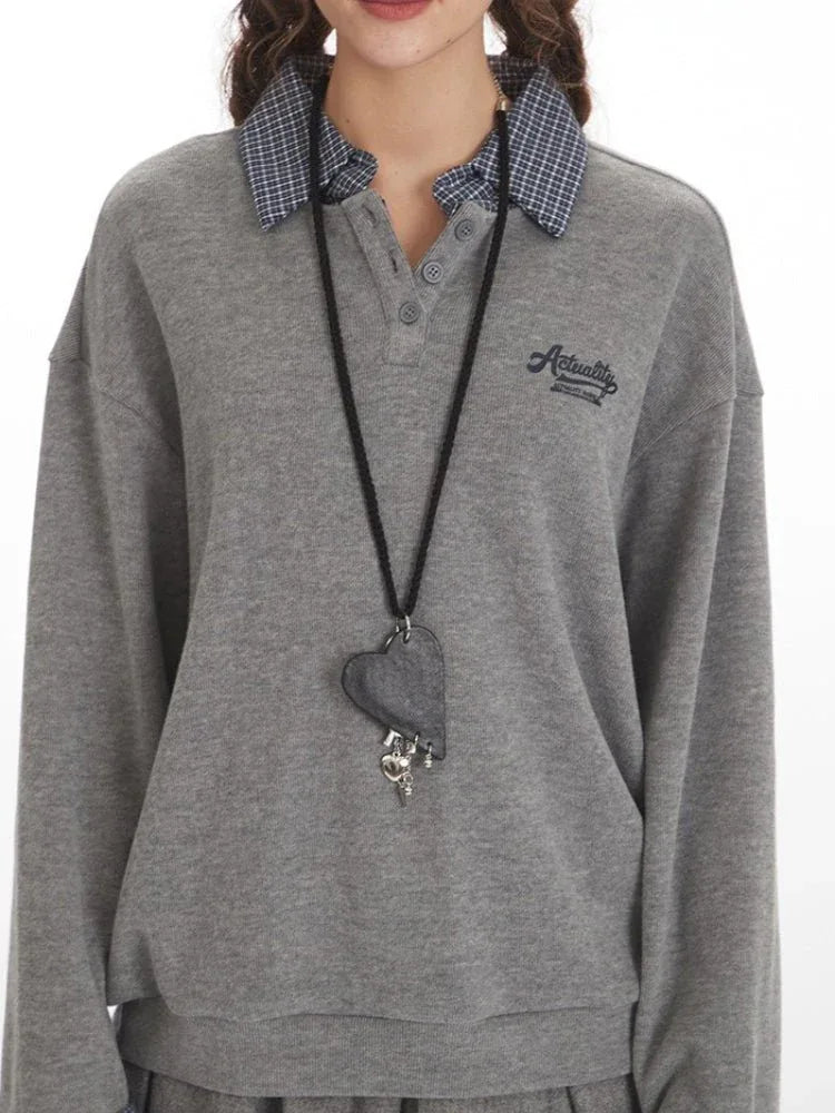 Faux layered plaid collar sweatshirt - View 6 | WEUXS