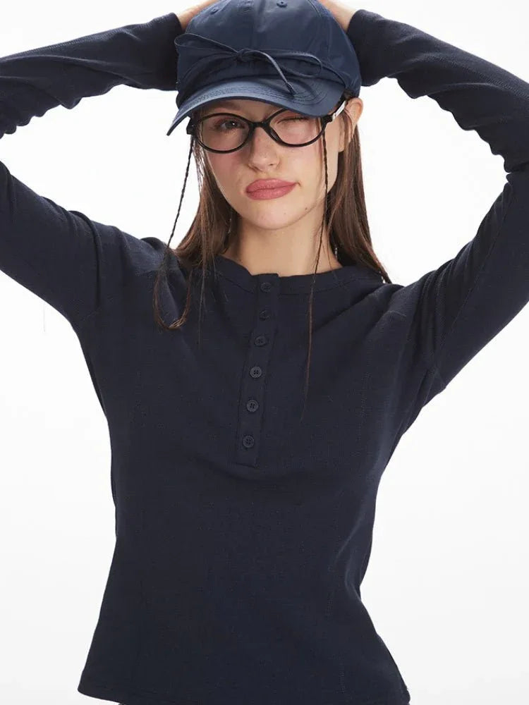 Vintage Grey Ribbed Henley Top - WEUXS