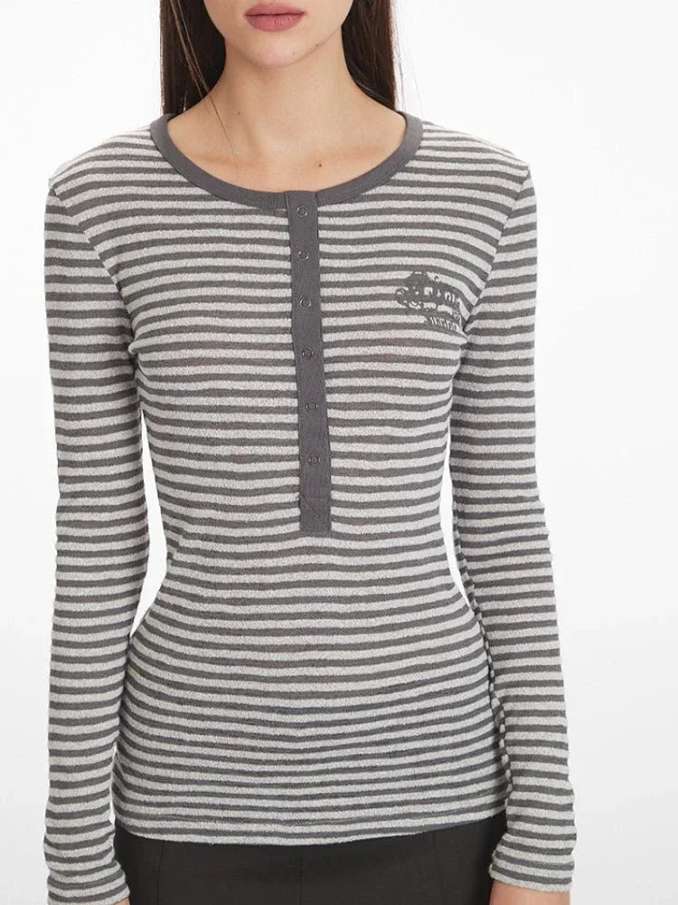 Grey striped long sleeve Henley top - View 6 | WEUXS