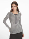 Vintage Grey Striped Henley Long Sleeve Top - WEUXS