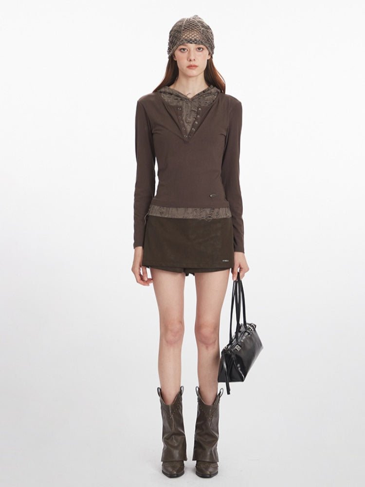 Vintage Mocha Layered Look Hoodie - WEUXS