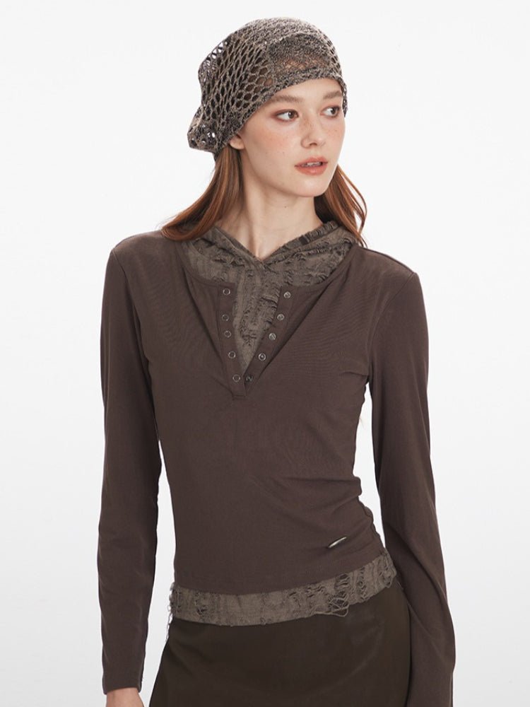 Vintage Mocha Layered Look Hoodie - WEUXS