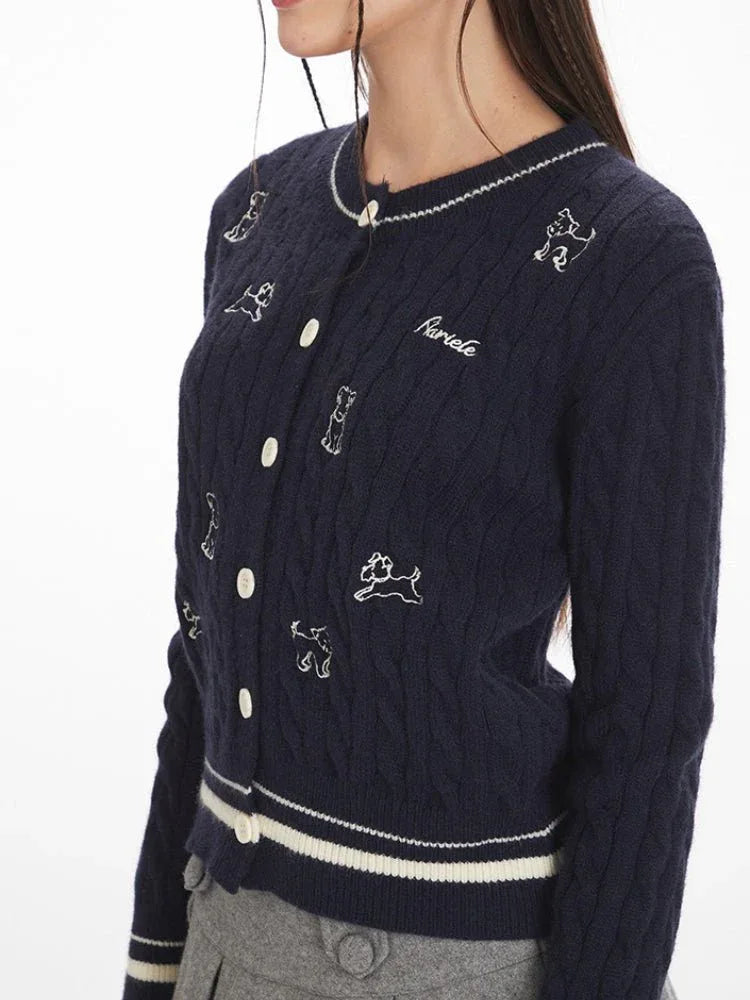 Navy cable knit cardigan with embroidered dogs and contrast trim - View 6 | WEUXS