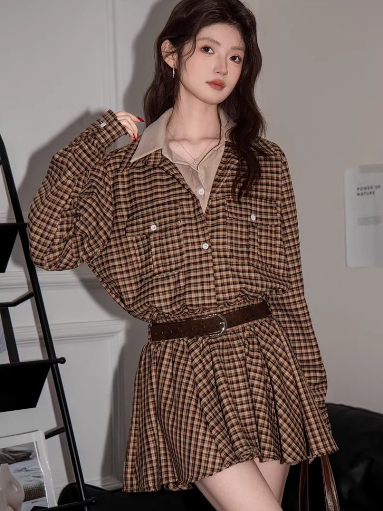 Close-up of the plaid pattern on the shirt dress